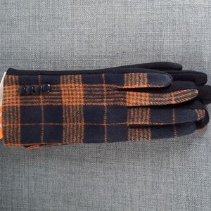Women Fitted Glove Navy Blue Orange Plaid Warm Outerwear Smart Touch Finger